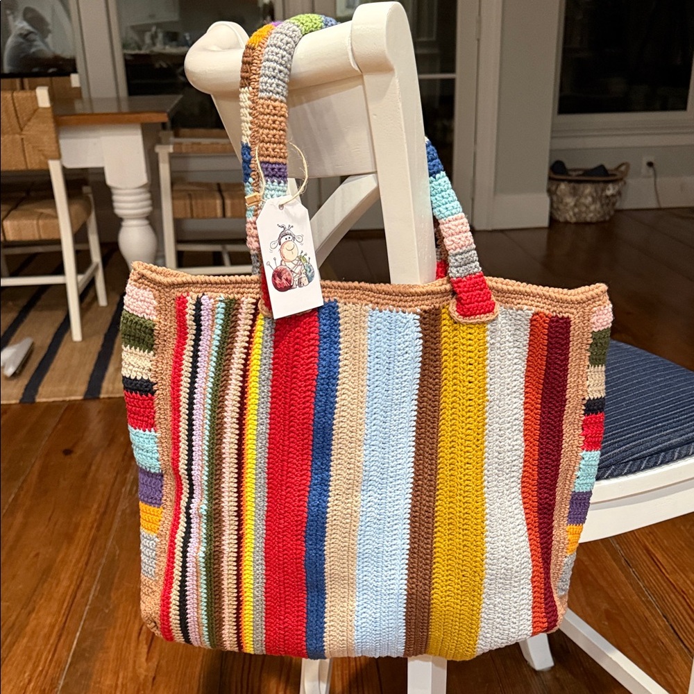 Multicolor Striped Crochet Tote Bag — Casual Everyday Shoulder Tote NWT